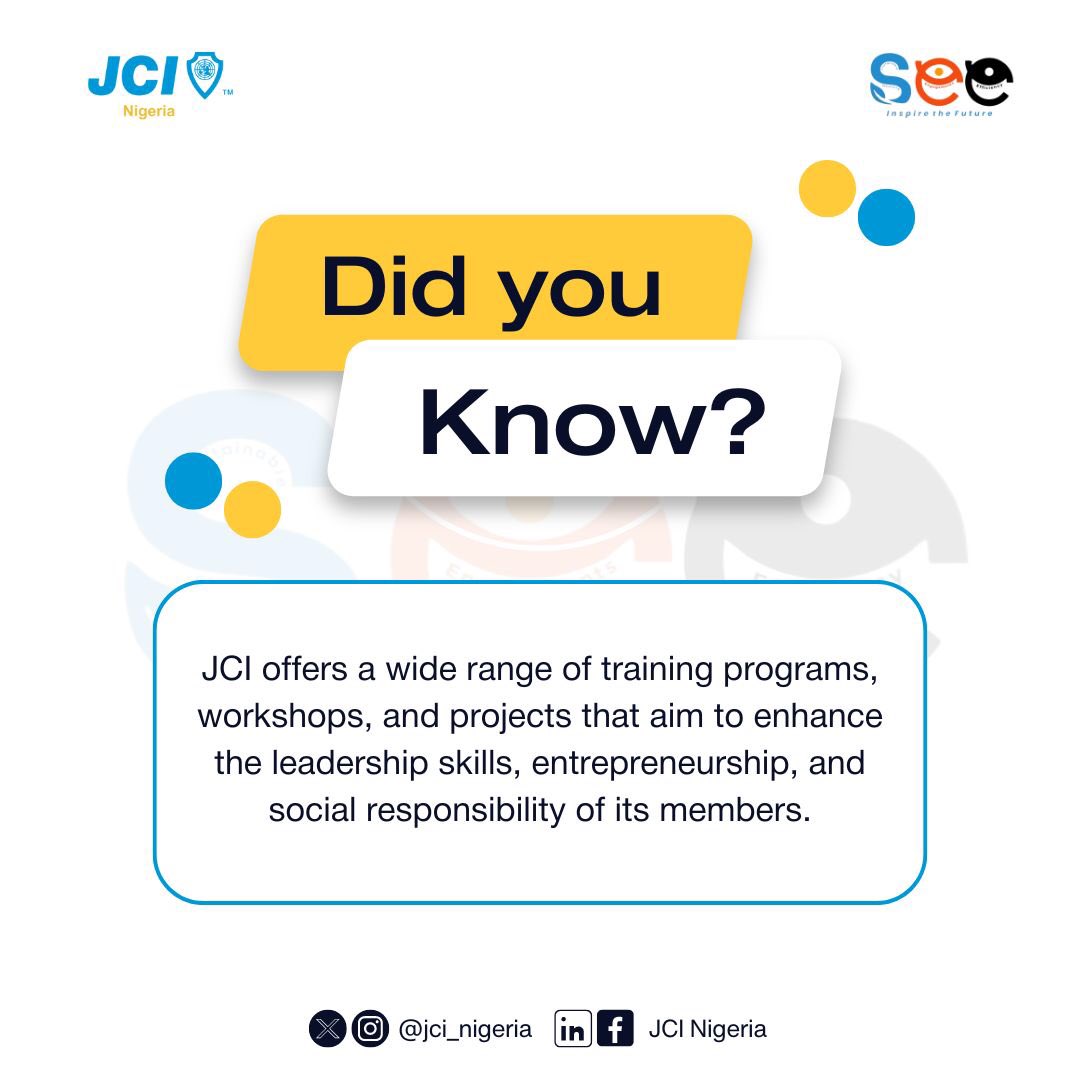 jci_nigeria's tweet photo. JCI is dedicated to providing a platform for members to develop their leadership, entrepreneurial spirit, &amp; commitment to social change. 

With a diverse range of training programs &amp; projects, we empower individuals to make a positive impact. 

#SEE
#InspireTheFuture
#JCINigeria https://t.co/wHybz8YCwi