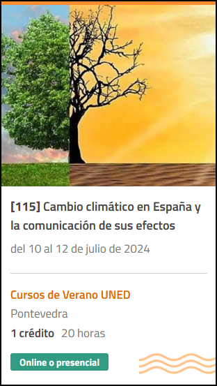 Del 10 al 12 de julio tendrá lugar en Lalín (Pontevedra) un curso de verano centrado en el cambio climático en España y la comunicación de sus efectos. Contaremos con expertos en la materia y con comunicadores de diferentes cadenas de TV. <a href="/AEMET_Esp/">AEMET</a> <a href="/AGE_Oficial/">Asociación Española de Geografía</a> <a href="/unedpontevedra/">UNED Pontevedra</a>
