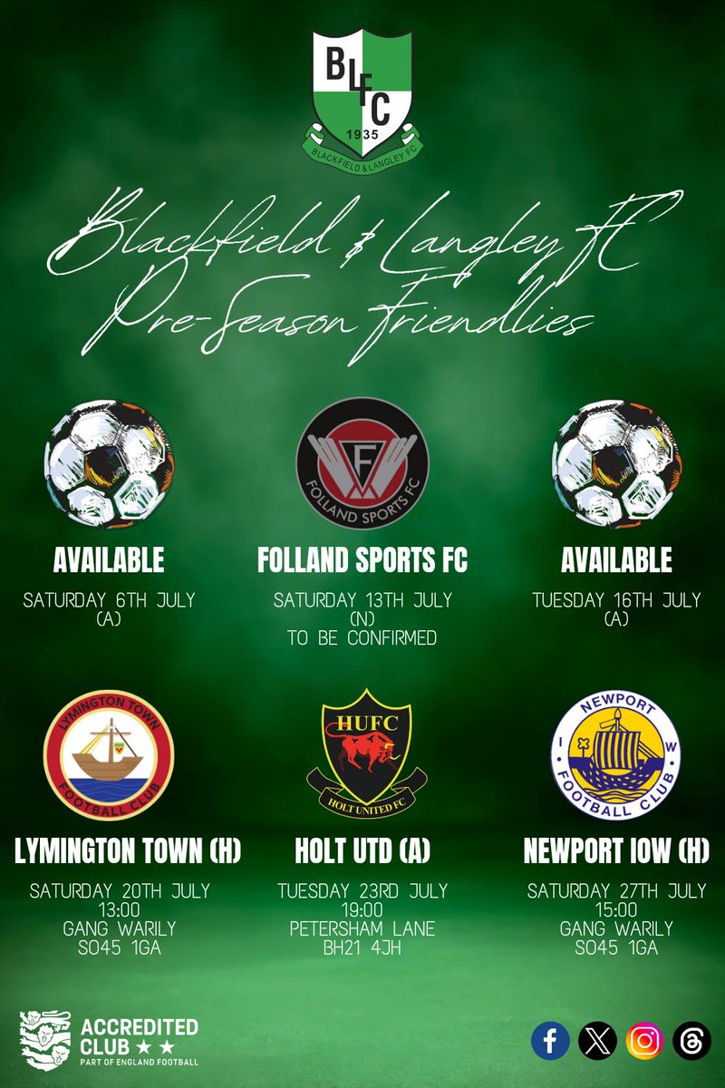 ⚽️ | 𝟏𝐬𝐭 𝐓𝐞𝐚𝐦 𝐏𝐫𝐞-𝐒𝐞𝐚𝐬𝐨𝐧 🟢

We have availability, so if you can host us on those dates available, please drop us a message.

Saturday 6th July • Available 

Saturday 13th July • <a href="/FollandSportsFC/">Folland Sports F.C.</a> (N) TBC

Tuesday 16th July • Available 

1/2