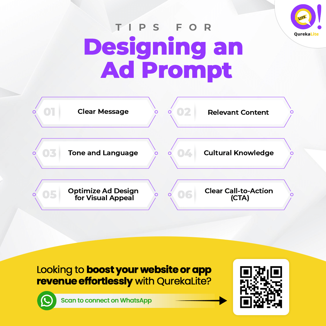 QurekaLite's tweet photo. Follow these Tips for Designing an Ad Prompt!!

#ads #prompts #trending #app #appdeveloper #developer #websitedesign #appsflyer #tricks #revenue #monetization https://t.co/mkVIs8jY5k
