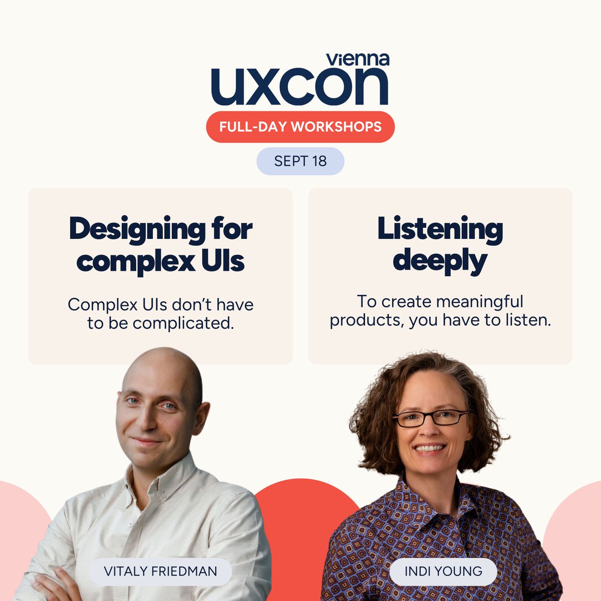 Decision-making is tough with options this great!

🧠 "Designing for Complex UIs" with <a href="/vitalyf/">Vitaly Friedman 🇺🇦🏳️‍🌈</a>: buff.ly/3VkXSG3
🧠 "Listening Deeply" with <a href="/indiyoung/">Indi Young (she/her)</a> &amp; @ladimus: buff.ly/3wUjUpN

🎟️ Discounted tickets available!