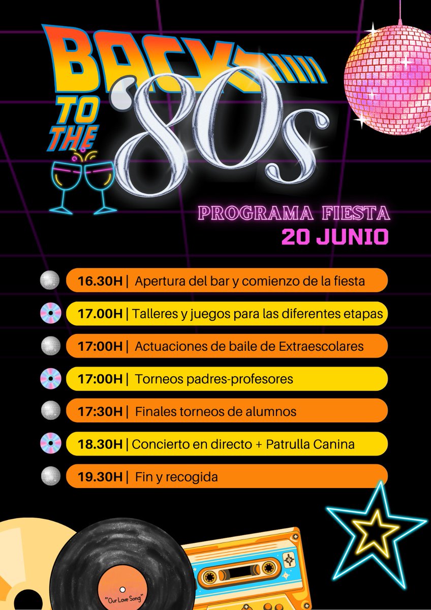 FIESTA FIN DE CURSO 🥳 BACK TO THE 80'S! 🪩📀

El jueves, 20 de junio desde las 16.30h tenemos la fiesta de fin de curso, ¡este año con temática de los 80! 

Habrá juegos y talleres para todas las etapas, feria, música en directo, bar, torneo deportivo y mucho más.
#ColegioNicoli