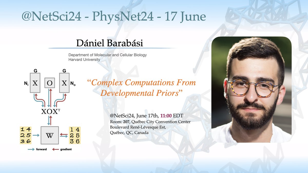 ivanbonamassa's tweet photo. 📣📣📣PHYSICAL NETWORKS 2📣📣📣
In the brain, a paradigmatic physical network, innate behaviors shape neurons' wiring. Could this help build ANNs capable of rapid learning? Daniel Barabasi @bdanubius will guide us through recent results towards this goal. @NetSciConf #physnet24 https://t.co/H2rDWYBV1G