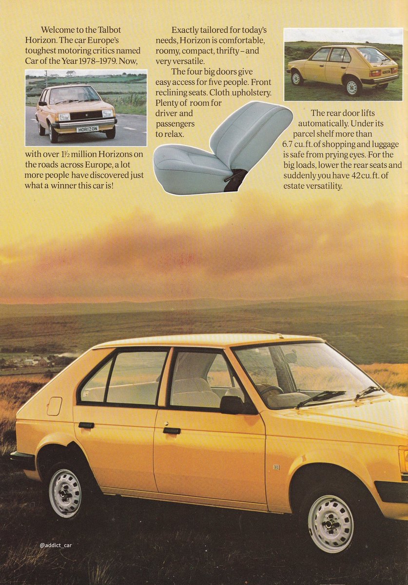 addict_car's tweet image. Putting a brave face on recent turmoil - which had seen PSA take over the assets of Chrysler Europe -this UK brochure on the newly-renamed Talbot Horizon insisted the model was 'a winner', as a former European Car of the Year, with 1.5 million already sold. #carbrochure #Talbot