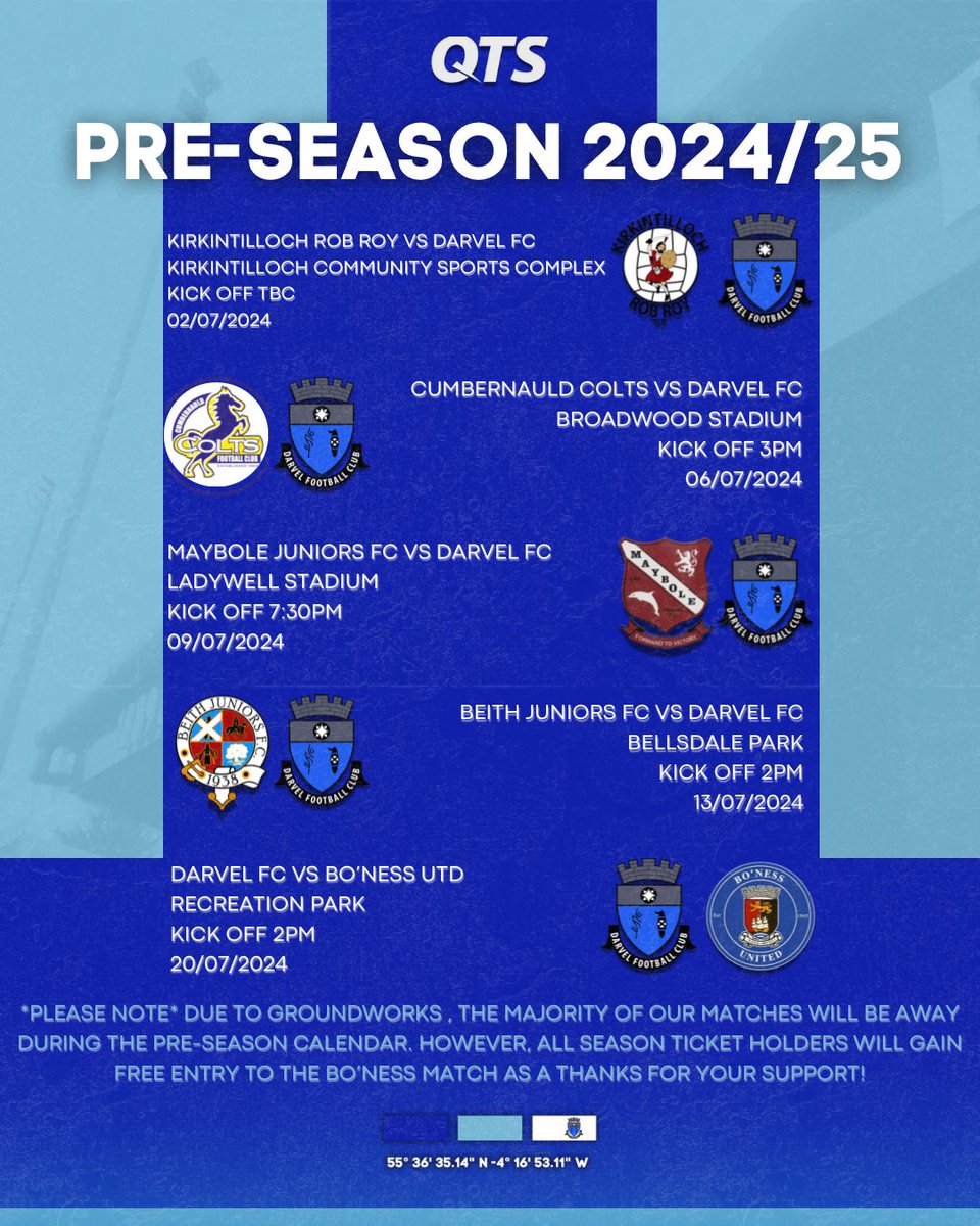🗓️ | We are delighted to confirm the Pre-Season Schedule for this summer!

We’ll begin with a trip to <a href="/RobRoyFc/">Rob Roy FC</a> with an evening kick off still TBC on 2nd July.

Then visits to <a href="/OfficialCColts/">Cumbernauld Colts Community Football Club</a>, <a href="/maybolejnrsfc/">Maybole Juniors Football Club (The Bole)</a> &amp; <a href="/BeithJuniorsFC/">Beith Juniors FC⭐</a> before we return 🏠 to face <a href="/BonessUnited_FC/">Bo'ness United FC</a> on