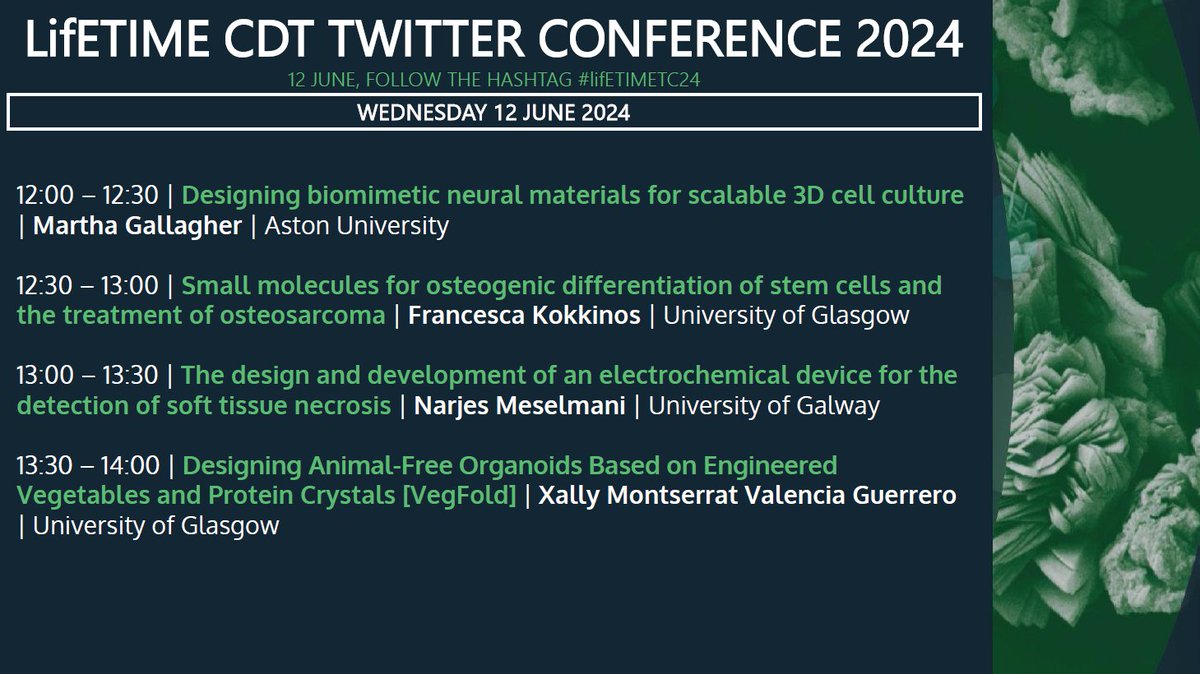 LifETIME-CDT (@cdtlifetime) on Twitter photo Our Twitter Conference 2024 programme is:
09:30 - <a href="/EmilyBaker25/">Emily Baker</a>
10:00 - <a href="/BarnesRory/">Rory Barnes</a>
10:30 - <a href="/EleanorPFBarton/">Eleanor</a>
11:00 - <a href="/Imenalscientist/">Imen Boumar</a>
11:30 - <a href="/JustineRClarke/">Justine Clarke</a>
12:00 - <a href="/MarthaLouiseG/">Martha Gallagher</a>
12:30 - <a href="/FranKokkinos/">Francesca Kokkinos</a>
13:00 - Narjes Meselmani
13:30 - Xally Montserrat Valencia Guerrero Our Twitter Conference 2024 programme is:
09:30 - <a href="/EmilyBaker25/">Emily Baker</a>
10:00 - <a href="/BarnesRory/">Rory Barnes</a>
10:30 - <a href="/EleanorPFBarton/">Eleanor</a>
11:00 - <a href="/Imenalscientist/">Imen Boumar</a>
11:30 - <a href="/JustineRClarke/">Justine Clarke</a>
12:00 - <a href="/MarthaLouiseG/">Martha Gallagher</a>
12:30 - <a href="/FranKokkinos/">Francesca Kokkinos</a>
13:00 - Narjes Meselmani
13:30 - Xally Montserrat Valencia Guerrero