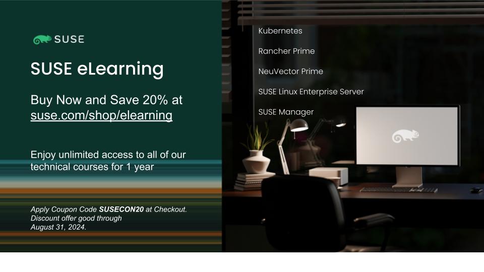 DJuggath's tweet image. 🧑‍🎓 #SUSEeLearning to świetna biblioteka szkoleń z rozwiązań @SUSE, w tym #RancherPrime, #NeuVectorPrime, #SLES i #SUSEManager. Zapewnia nieograniczony dostęp do wszystkich kursów technicznych przez cały rok.

🤩 Subskrybuj teraz, a zaoszczędzisz 20%: okt.to/GU4Spq