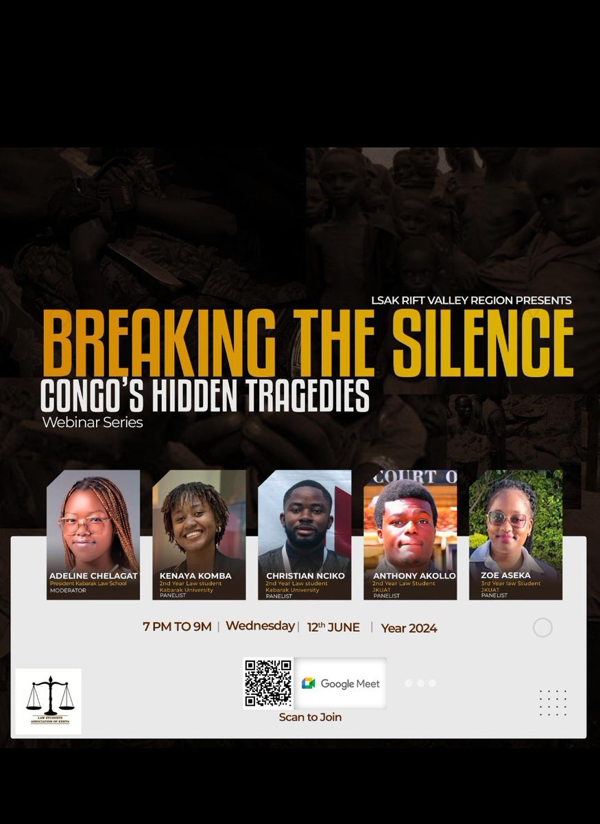 Adeline Chelagat (@adelinekiptoo) on Twitter photo As the Law Students Association of Kenya, Rift Valley Region we will be hosting a series of webinars this month to spotlight global tragedies. Our first session will focus on Congo.
Humbled to be moderating.
meet.google.com/sne-prmu-ujv
@icon_saeko <a href="/esther_odipo/">Esther Odipo</a> <a href="/komba_kenaya/">Kenaya Komba</a> As the Law Students Association of Kenya, Rift Valley Region we will be hosting a series of webinars this month to spotlight global tragedies. Our first session will focus on Congo.
Humbled to be moderating.
meet.google.com/sne-prmu-ujv
@icon_saeko <a href="/esther_odipo/">Esther Odipo</a> <a href="/komba_kenaya/">Kenaya Komba</a>