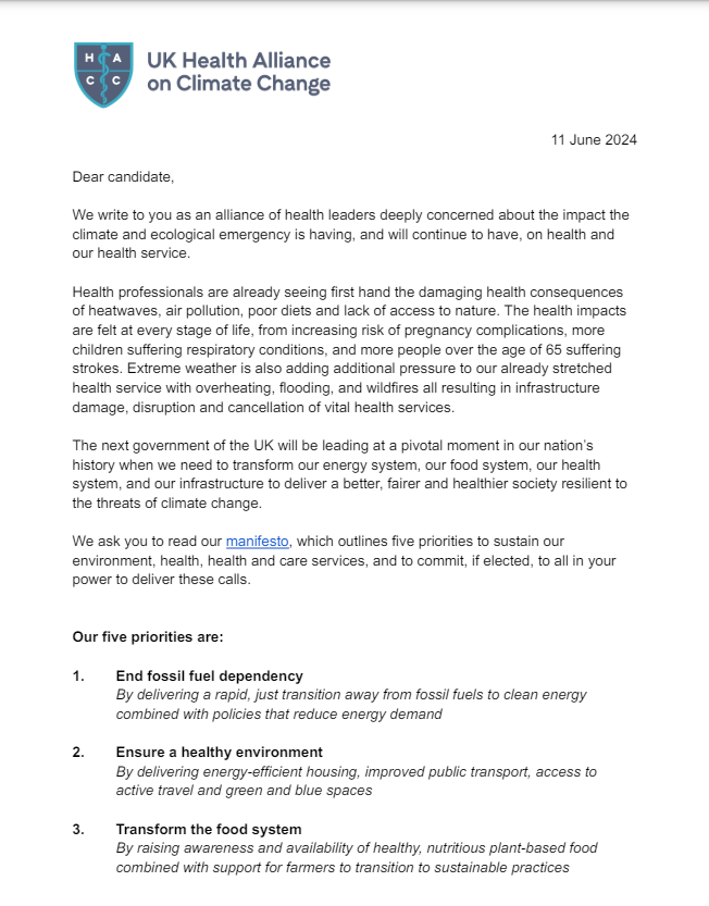 UKHealthClimate's tweet photo. Health leaders appeal to party candidates to prioritise the environment, health, and health and care services
https://t.co/uZwVQjnD8I @Richard56 https://t.co/mij0Vp4Gg0