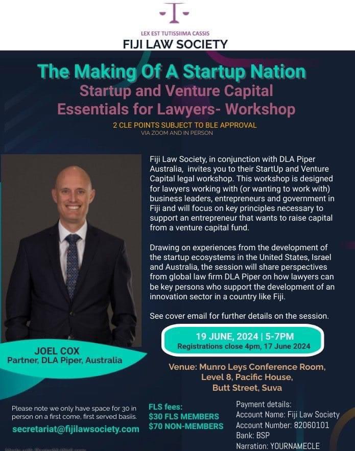 New Continuing Legal Education Workshop

Topic: The Making Of A Startup Nation Startup and Venture Capital Essentials for Lawyers- Workshop
Presenter: Joel Cox, Partner, DLA Piper
Date and time: 19 June 2024 from 5-7pm

Please register by 4pm on 17 June 2024.
