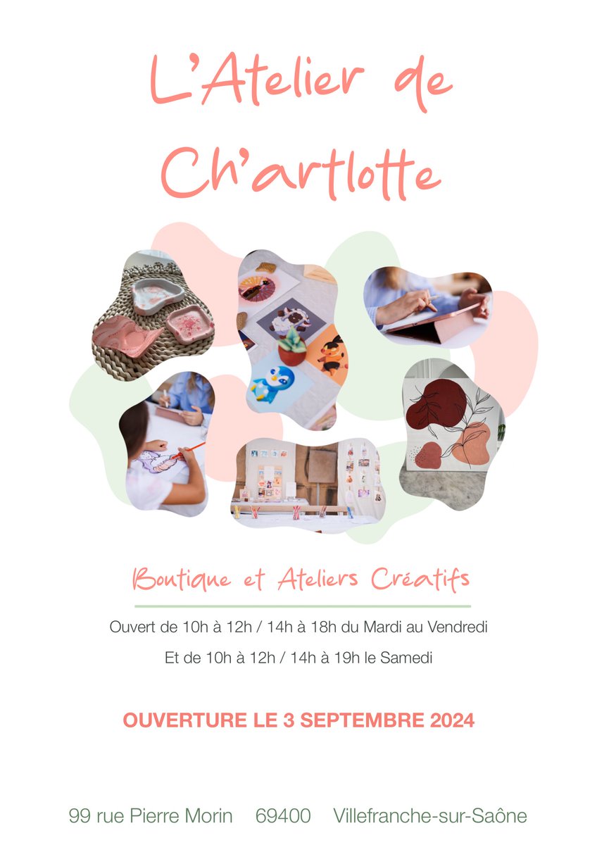charlottebibi16's tweet photo. Coucou ! 🌸

Je vous annonce officiellement l’ouverture de ma boutique d’ateliers créatifs sur Villefranche sur Saône !🎨

Insta: https://t.co/xgp513dItM

#artist #shop #boutique #atelier #art https://t.co/GOlxu2Gs6V
