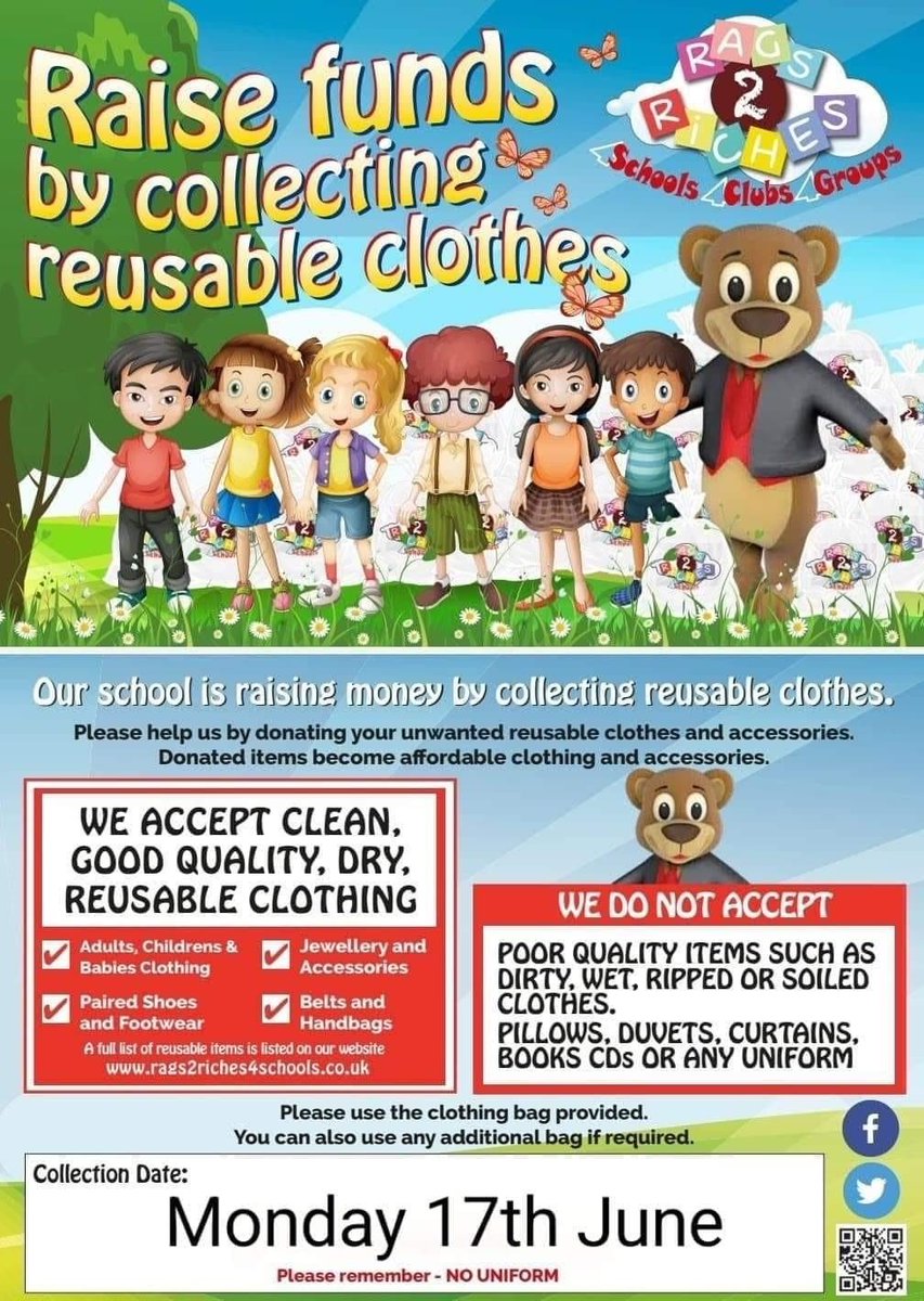 Don't forget to bring any unwanted clothes to school reception before Friday 14th, please bag and label any uniform separately for the PTAs second hand uniform collection. Your unwanted items really do make a huge difference to raise funds for our PTA. Diolch