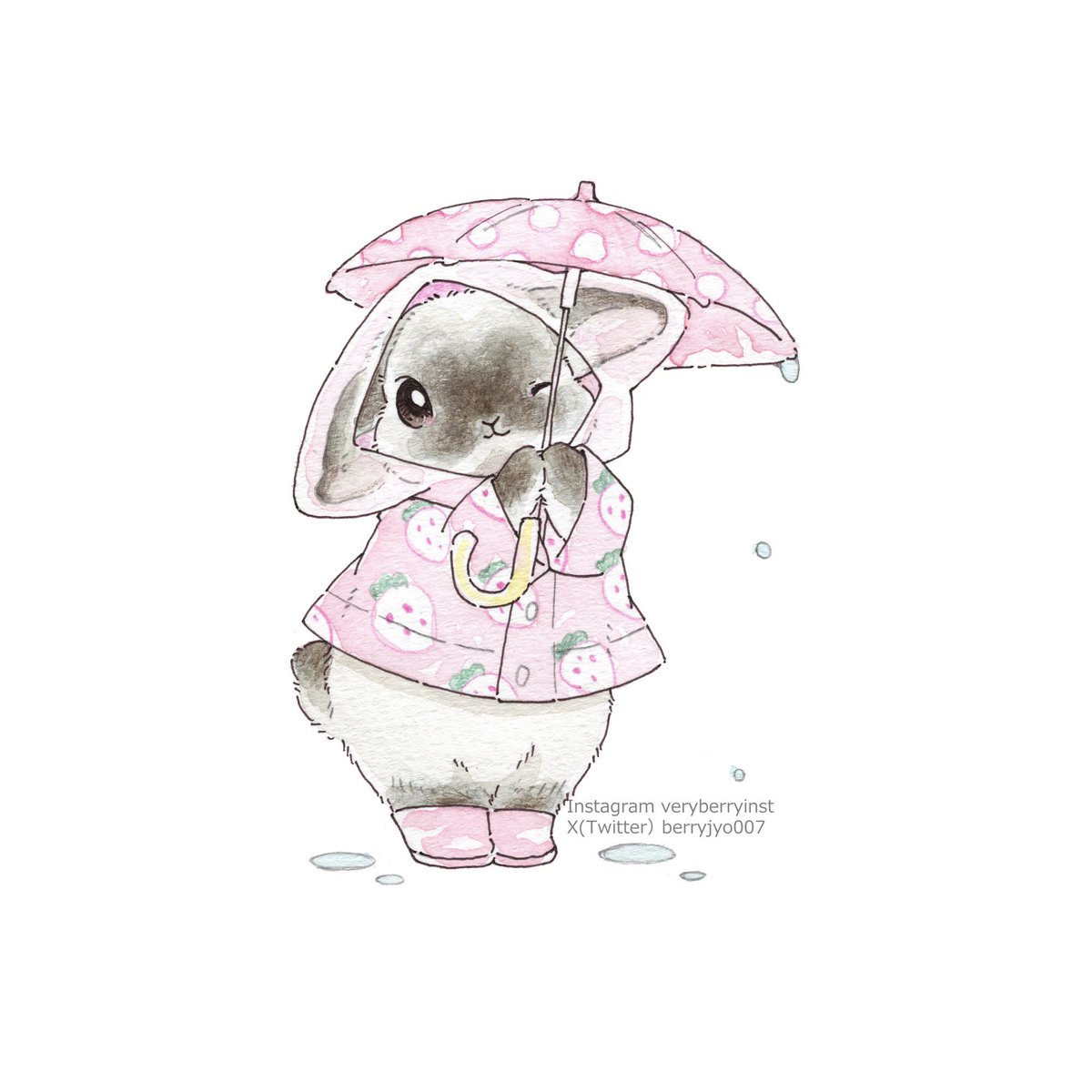 「うさぎさんの雨の日コーデ〜Collection 6〜いちご柄かわいぃ〜 」|VeryBerry うさぎ星さん4/8-9出展のイラスト