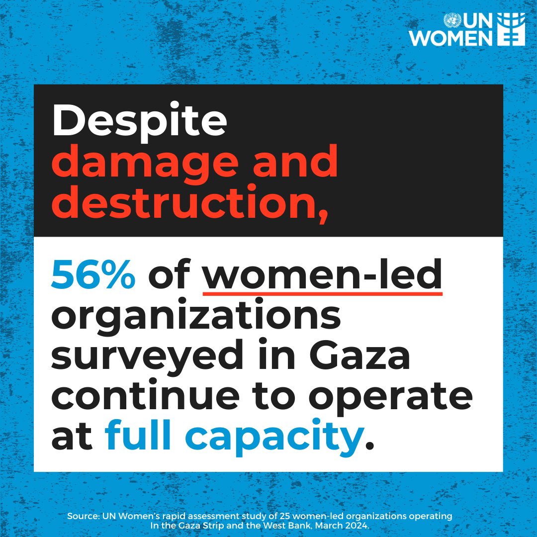 Despite damage and destruction, 56% of women-led organizations surveyed in #Gaza continue to operate at full capacity.  

These are hubs for life saving services delivering assistance and coordinating with grassroots groups.  

Read our new Gender Alert: unwo.men/rzZJ50ScIvz