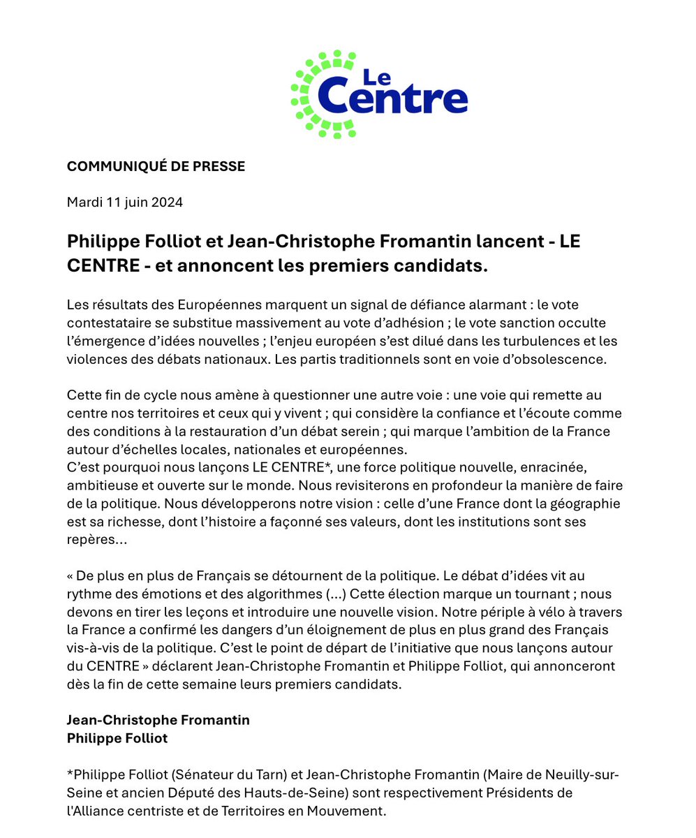 Avec <a href="/philippefolliot/">Philippe Folliot</a>, nous lançons LE CENTRE, et l'annonce des premiers candidats dès la fin de cette semaine ... #LegislativesAnticipées