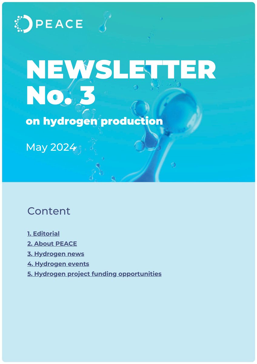 PEACE project (@peace_h2) on Twitter photo 🌟 PEACE Newsletter on hydrogen production No.3 is out! 🌟 Discover the latest advancements in the <a href="/CleanHydrogenEU/">Clean Hydrogen Partnership</a> funded R&I <a href="/peace_h2/">PEACE project</a> project! Download at: h2peace.eu/newsletter
Highlights: 🔹 PEACE project achievements 🔹 Data management plan🔹 #h2 news&events&funding 🌟 PEACE Newsletter on hydrogen production No.3 is out! 🌟 Discover the latest advancements in the <a href="/CleanHydrogenEU/">Clean Hydrogen Partnership</a> funded R&I <a href="/peace_h2/">PEACE project</a> project! Download at: h2peace.eu/newsletter
Highlights: 🔹 PEACE project achievements 🔹 Data management plan🔹 #h2 news&events&funding