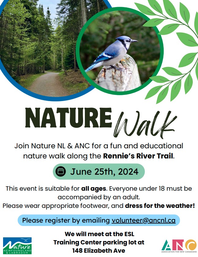 ANC_of_NL's tweet photo. Join us and @Nature_NL for a fun and interactive walk along the Rennie's River Trail on June 25th!

We'll meet at 5:30pm at 148 Elizabeth Ave. Dress for the weather and wear comfortable shoes. Email volunteer@ancnl.ca to register. We look forward to seeing you there! https://t.co/YBrDaYya09