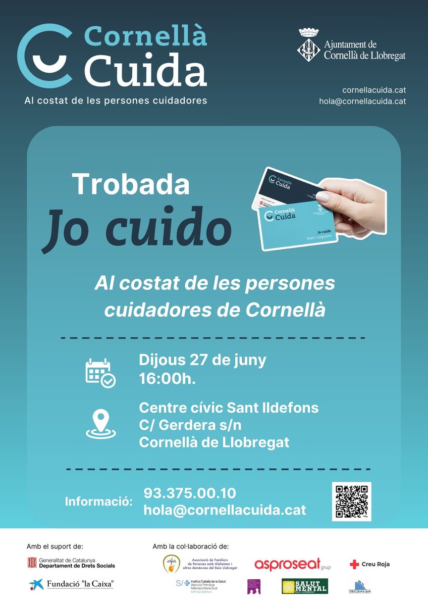 Fundependents's tweet photo. La comunitat de persones cuidadores de Cornellà impulsada per l' Ajuntament de Cornellà  te una cita el proper dijous 27 de juny, amb la Trobada "Jo Cuido", un foro per compartir experiències i fer crèixer les xarxes de suport entre les persones que tenen cura d'un familiar. https://t.co/hjz2OSnYEO