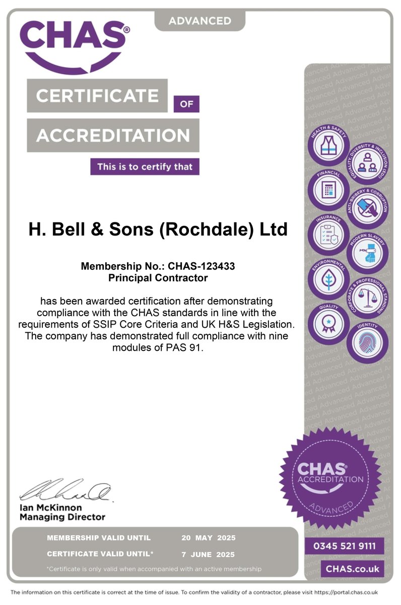 HBellandSons's tweet photo. We are proud to announce that following significant changes in the requirements, we've been awarded CHAS certification for 2024-25.
Credit to our Michael Scott, alongside Stuart Beaumont at @thespectragroup , working as a team to keep an eye on all our H&S systems #SSIP #PAS91 https://t.co/Csw7hB93VS