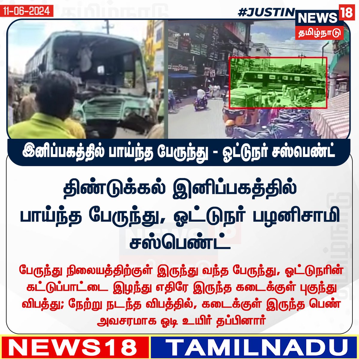 News18TamilNadu's tweet image. #JUSTIN இனிப்பகத்தில் பாய்ந்த பேருந்து - ஓட்டுநர் சஸ்பெண்ட் #Dindigul #GovtbusDriver #News18tamilnadu | News18tamil.com