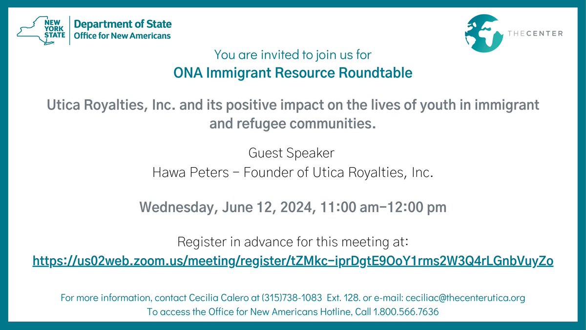 Tomorrow! @nysnewamericans Immigrant Resource Roundtable.

Date: Wednesday, June 12, 2024
Time: 10:30 AM Eastern Time (US and Canada)
Guest: Hawa Peters, Founder of the @uticaroyalties

Zoom. Register in advance using the following link: us02web.zoom.us/meeting/regist…