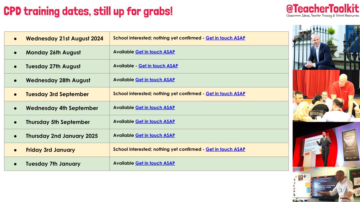 TeacherToolkit's tweet image. Exciting news! 📢 

A few dates still available for INSET days/keynotes next term. ✨ 

If you want to put teaching and learning back on the agenda, look no further!

Visit TeacherToolkit.co.uk/training for details. 

Diary dates: docs.google.com/presentation/d… #edutwitter #INSET #TeacherCPD