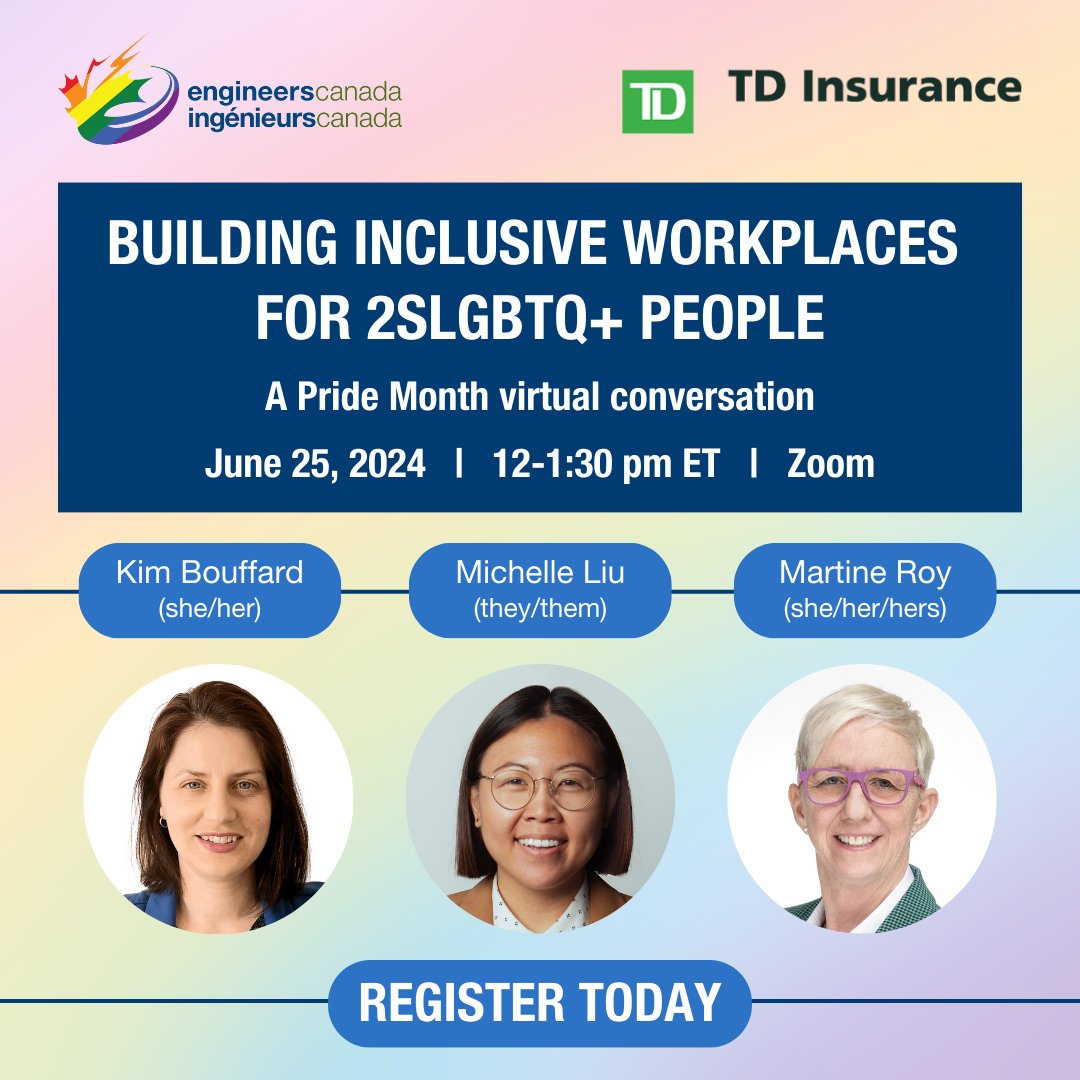 Join Engineers Canada and TD Insurance for a virtual chat about pride in engineering, allyship, and how to build safe and inclusive workplaces for 2SLGBTQ+ people. #PrideMonth. Register today: bit.ly/4bGjP8j