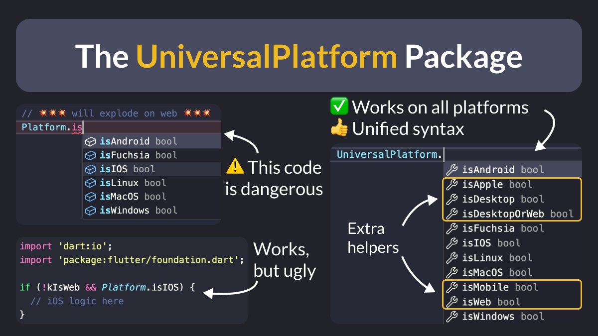 biz84's tweet image. Did you know?
If your code checks the current platform with Platform.isIOS, you’ll get a runtime exception when you run on Flutter web. 💥
As an alternative, consider using the UniversalPlatform package, which works on all platforms and offers a unified syntax. 👍