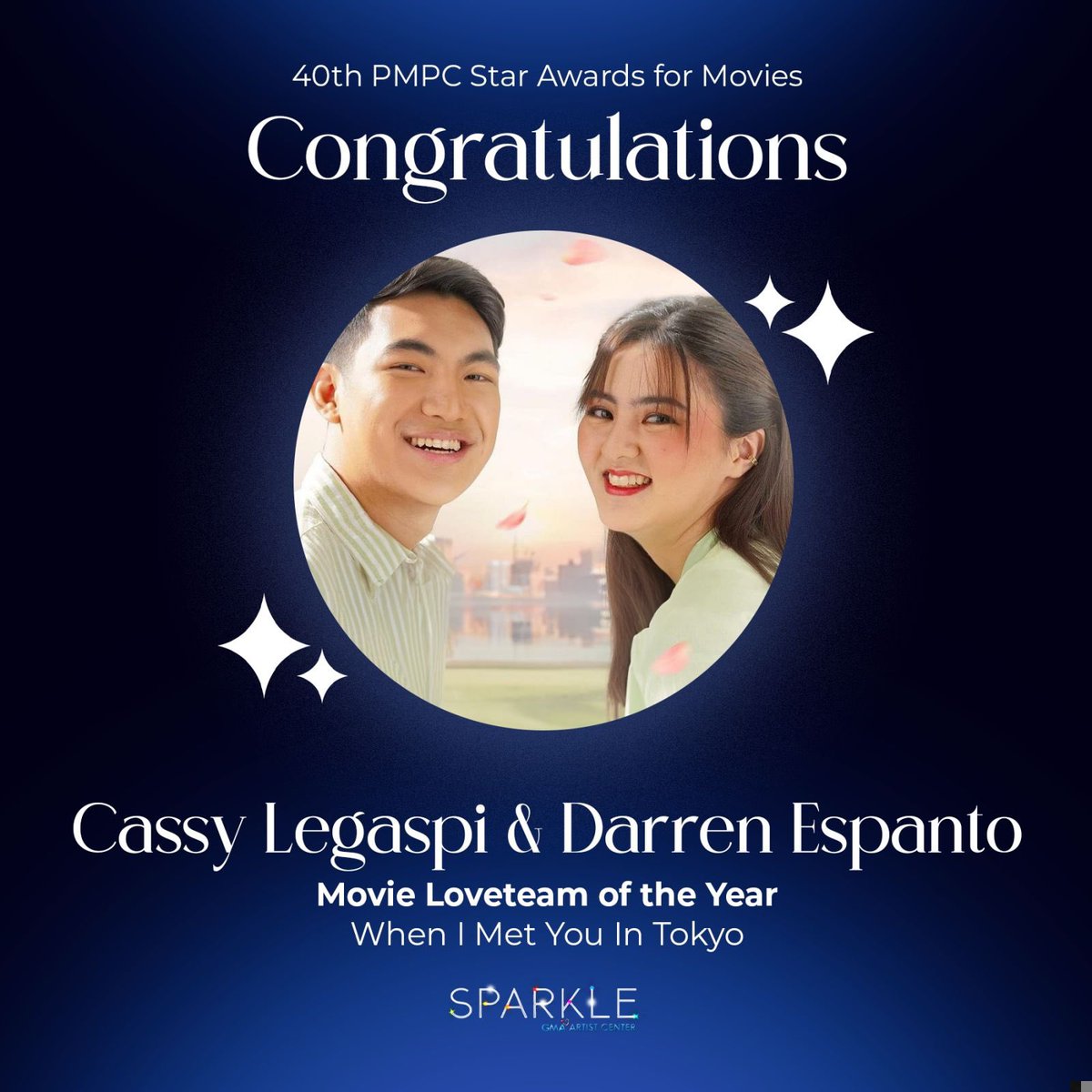 Congratulations to Cassy Legaspi and Darren Espanto for being nominated for the Movie Loveteam of the Year award at the 40th PMPC Star Awards for Movies for ‘When I Met You in Tokyo’ ✨ We’re very proud of you! 

#CassyLegaspi