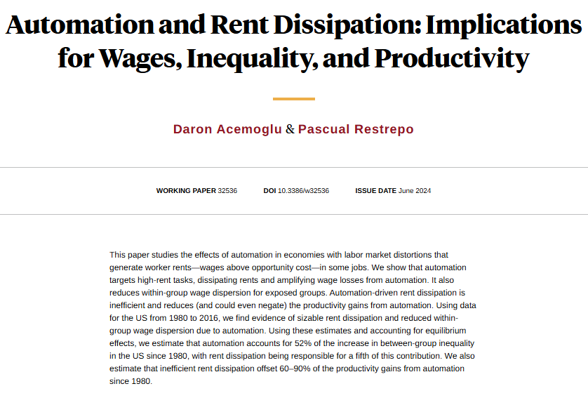 NBER (@nberpubs) on Twitter photo Studying the effects of automation in economies with labor market distortions that generate worker rents—wages above opportunity cost—in some jobs, from <a href="/DrDaronAcemoglu/">Daron Acemoglu</a> and Pascual Restrepo nber.org/papers/w32536 Studying the effects of automation in economies with labor market distortions that generate worker rents—wages above opportunity cost—in some jobs, from <a href="/DrDaronAcemoglu/">Daron Acemoglu</a> and Pascual Restrepo nber.org/papers/w32536