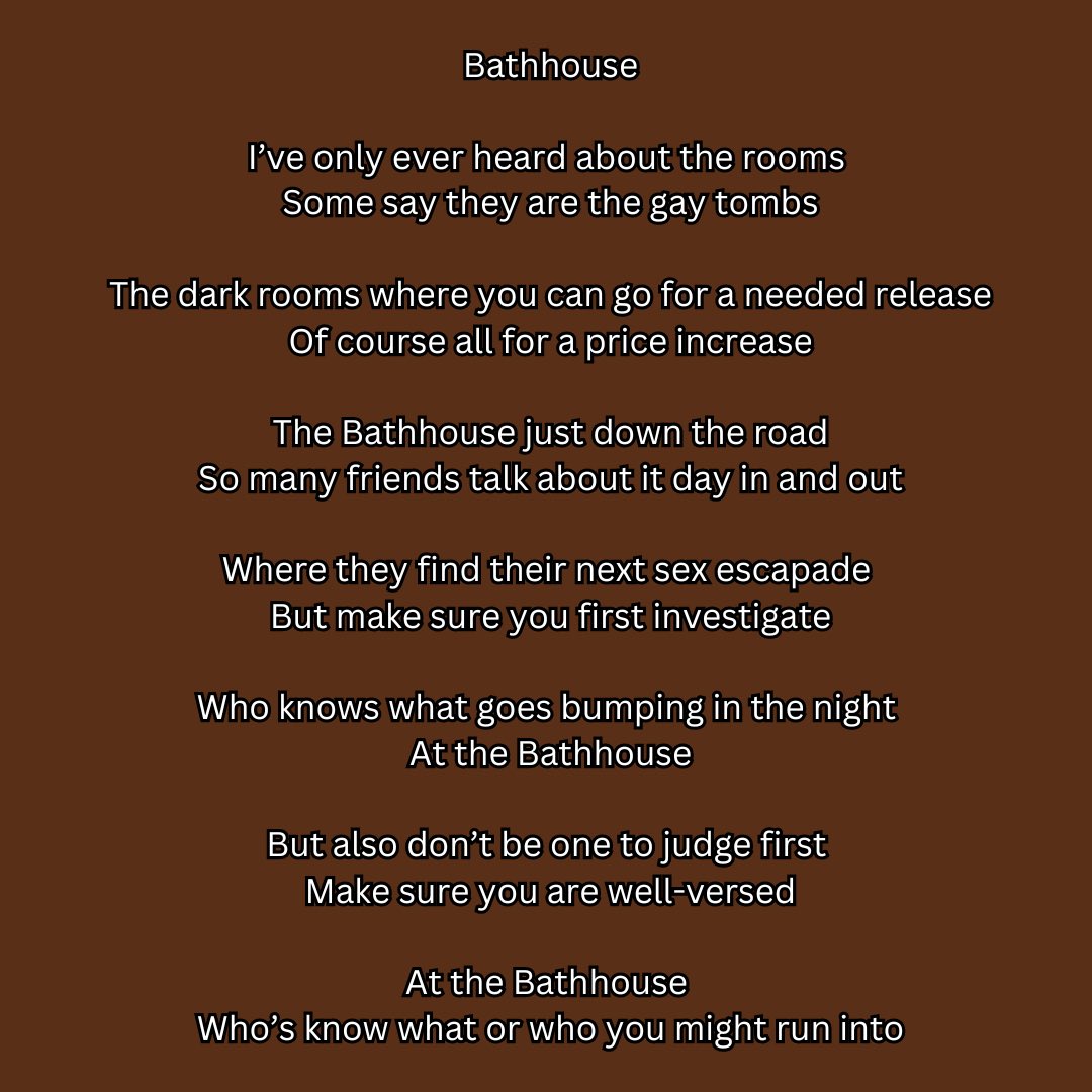 ToneyWriting's tweet photo. Bathhouse by Austin Pullen. From my new poem book tender passions. Get it now in paperback or on kindle. Link: https://t.co/6ZpuBld8uN
#gay #gayboy #gayguy #gaypoems #gaywriting #Igbt #gaypoetry https://t.co/2mooW2R2cN