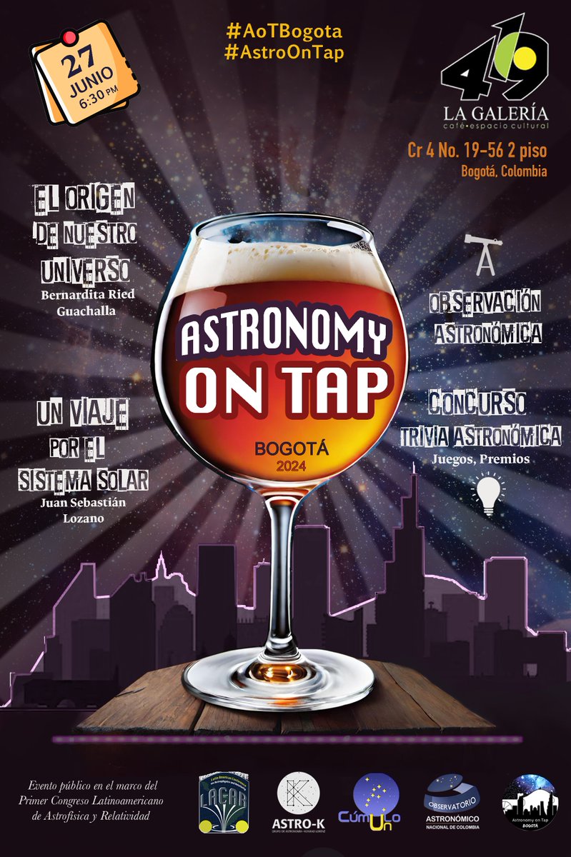 Astronomy on Tap-BOG (@aot_bog) on Twitter photo It is official! The next <a href="/astronomyontap/">Astro On Tap HQ</a> in Bogotá will be held on June 27th at <a href="/Lagaleria419/">La Galería 4-19</a>
¡Es oficial! El próximo <a href="/AoT_Bog/">Astronomy on Tap-BOG</a> será el jueves 27 de junio a las 6:30 en La Galería 419. Charlas por <a href="/Berniried/">Bernardita Ried Guachalla</a> & Juan Sebastián Lozano Martínez! It is official! The next <a href="/astronomyontap/">Astro On Tap HQ</a> in Bogotá will be held on June 27th at <a href="/Lagaleria419/">La Galería 4-19</a>
¡Es oficial! El próximo <a href="/AoT_Bog/">Astronomy on Tap-BOG</a> será el jueves 27 de junio a las 6:30 en La Galería 419. Charlas por <a href="/Berniried/">Bernardita Ried Guachalla</a> & Juan Sebastián Lozano Martínez!