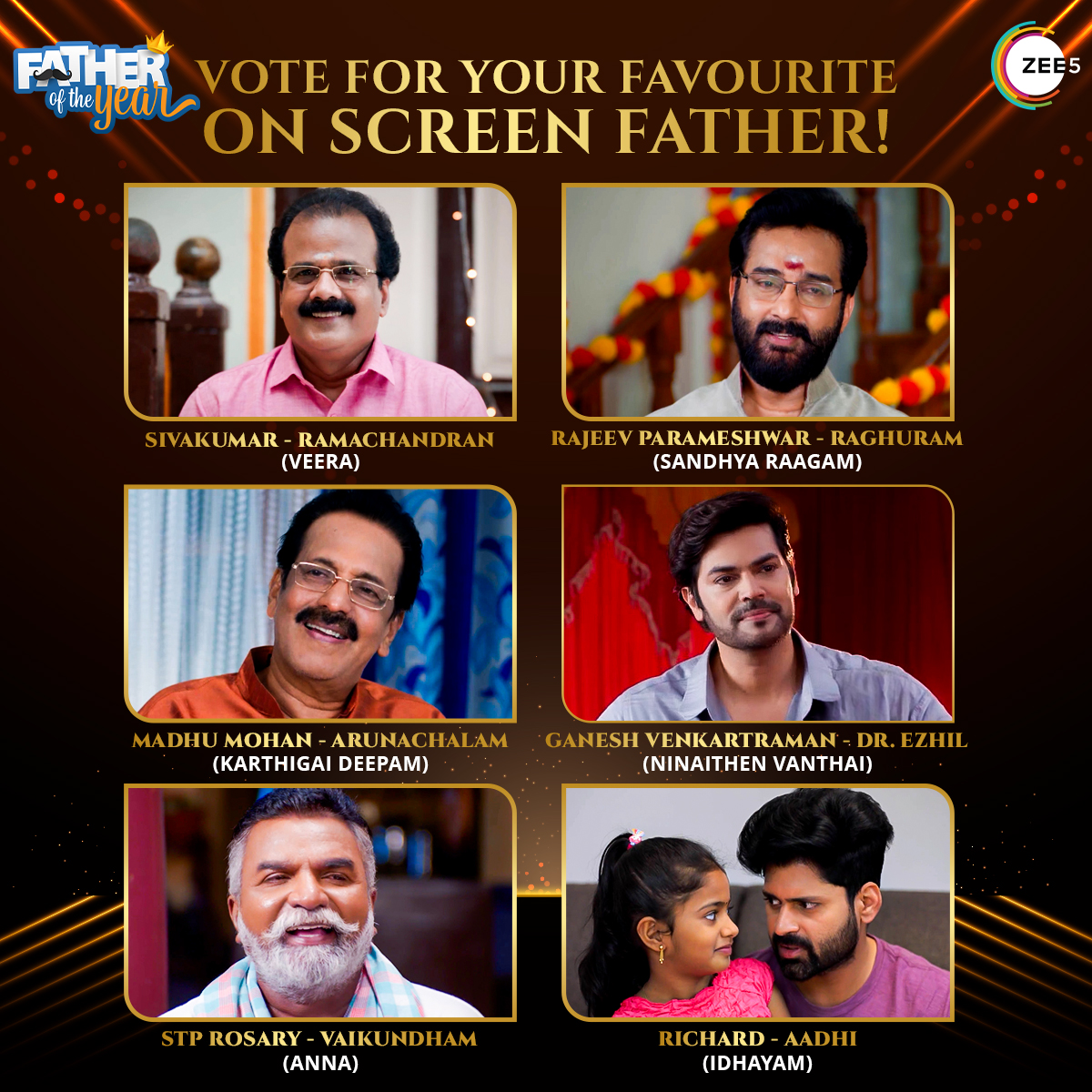 ZEE5Tamil's tweet image. Vote for your favourite "Father of the year" 🔥

#Fathersday #FatherOfTheYear #ZEE5Tamil #ZEE5