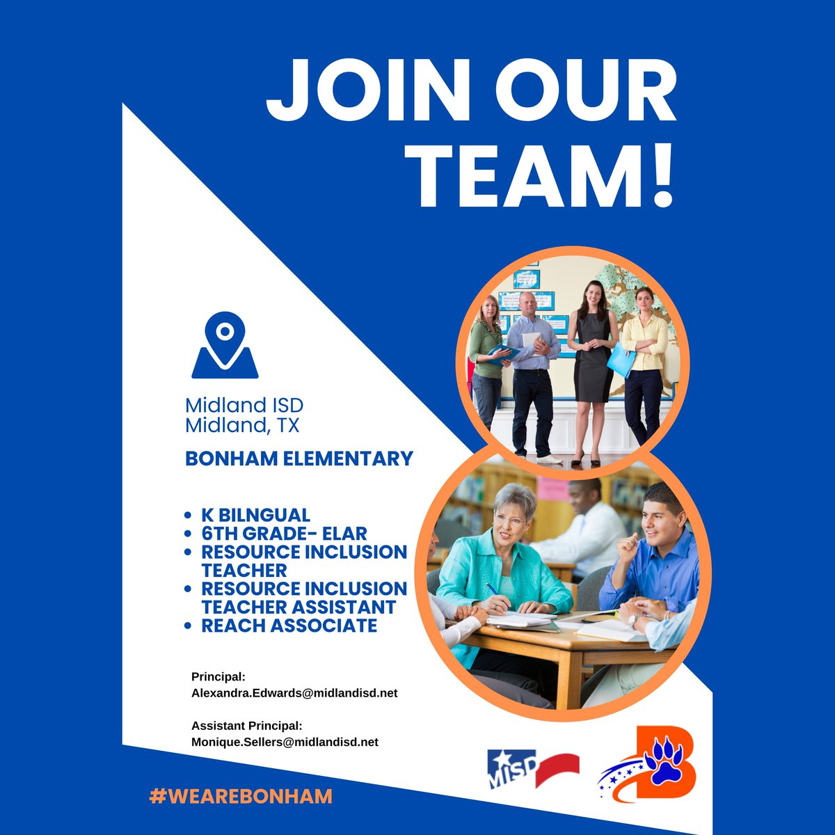 TTUEducation's tweet image. 💼 #JobAlert! - Bonham Elementary in @Midland_ISD is hiring several teaching positions. Vice Principal Monique Sellers is a PROUD RED RAIDER and asked for #TechTeach alumni SPECIFICALLY! 😲

📧 Email monique.sellers@midlandisd.net for more info!