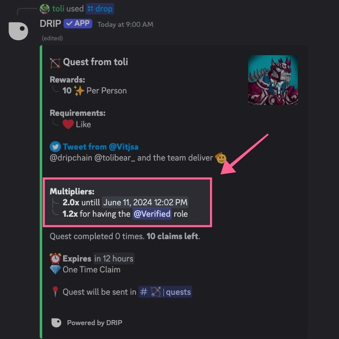 NEW: QUEST MULTIPLIER ⚡️

Now you can multiply rewards for members!

⏱️ Time Multiplier: Time-based multiples
🎖️ Role Multiplier: Role-based multiples

The algorithm rewards for strong engagement early so you can reward your members accordingly.

This update is live now 🔥