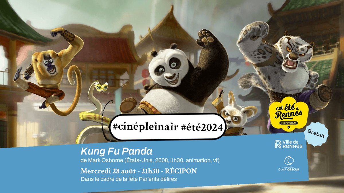 Projection #cinepleinair #été2024
> "Kung Fu Panda" de Mark Osborne
Merc. 28 août — 21h30 — Rennes — Récipon