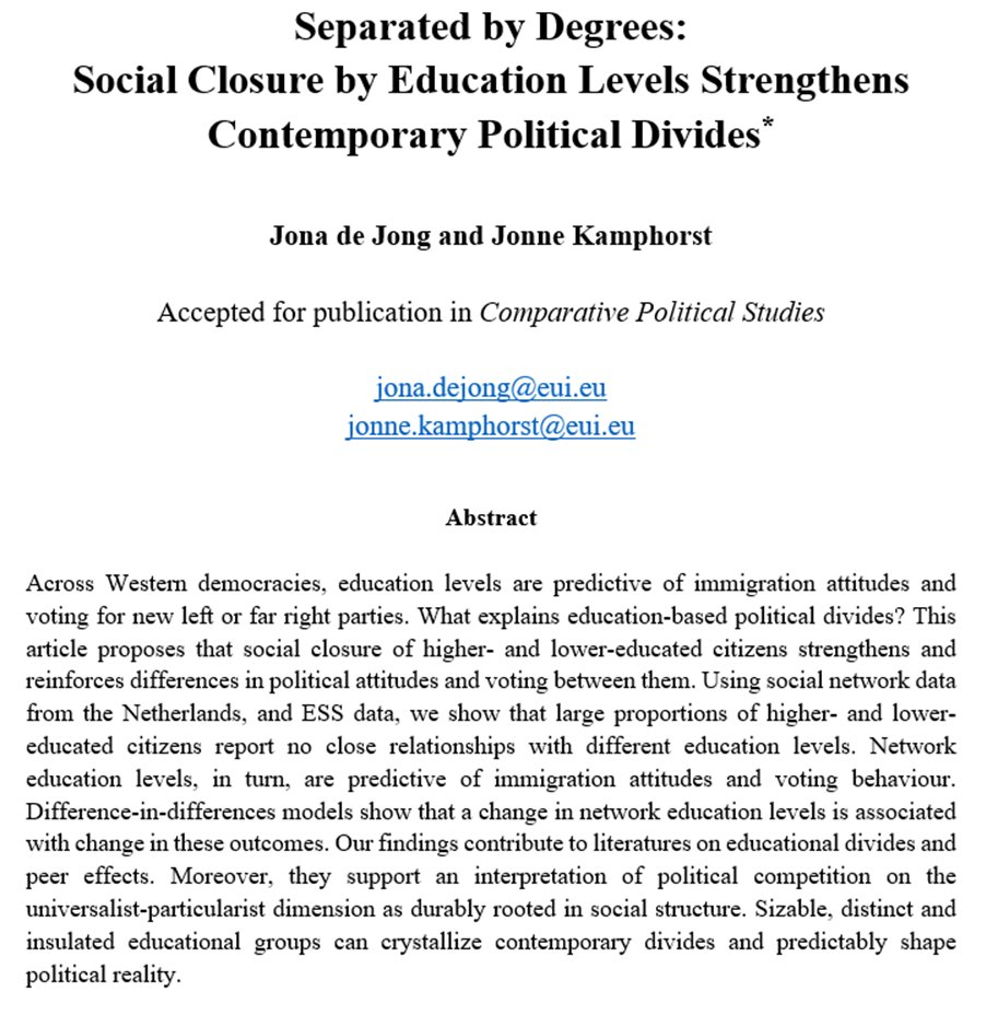 Jona de Jong (@jona_dejong) on Twitter photo Happy that our paper ‘Separated by Degrees: Social Closure by Education Levels Strengthens Contemporary Political Divides’ with <a href="/JonneKamphorst/">Jonne Kamphorst</a> ) has been accepted for publication at <a href="/cps_journal/">Comparative Political Studies</a>. See (osf.io/preprints/osf/…), and a thread below! (1/9) Happy that our paper ‘Separated by Degrees: Social Closure by Education Levels Strengthens Contemporary Political Divides’ with <a href="/JonneKamphorst/">Jonne Kamphorst</a> ) has been accepted for publication at <a href="/cps_journal/">Comparative Political Studies</a>. See (osf.io/preprints/osf/…), and a thread below! (1/9)