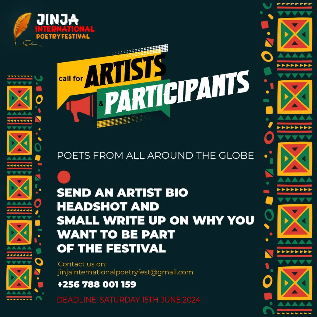 JinjaPoetryFest's tweet photo. We have 4 more days for poets to reach out
Jinja International Poetry Festival will be on from 24th to 27th October 2024 in the city of the source of the Nile and the theme this edition is Roots.
Come see poets tell stories in native language from all over the world.
#JIPFest https://t.co/5oNy1EFs3r