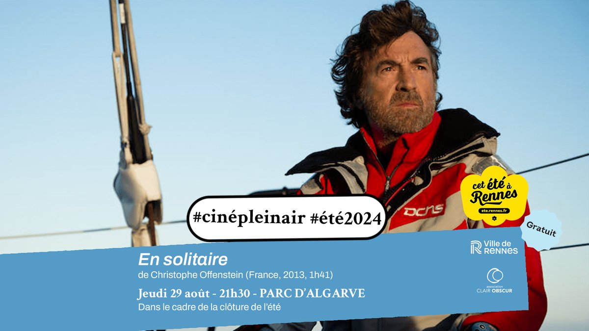 Projection #cinepleinair #été2024
> "En solitaire" de Christophe Offenstein
Jeu. 29 août — 21h30 — Rennes — Parc d'Algarve