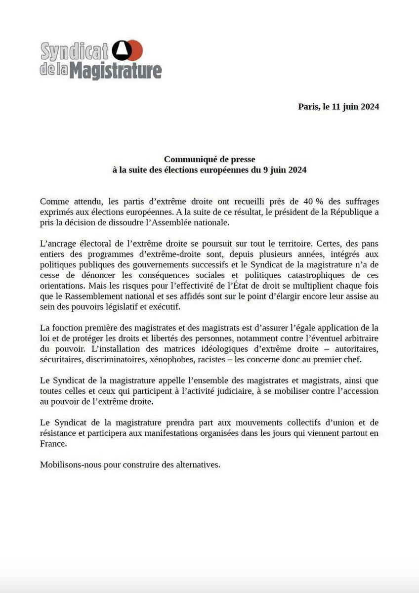 Frontieresmedia's tweet photo. 👉 Le Syndicat de la Magistrature annonce entrer en « résistance » pour empêcher « l’accession de l’extrême droite au pouvoir ». https://t.co/Gyu8J6SKUK
