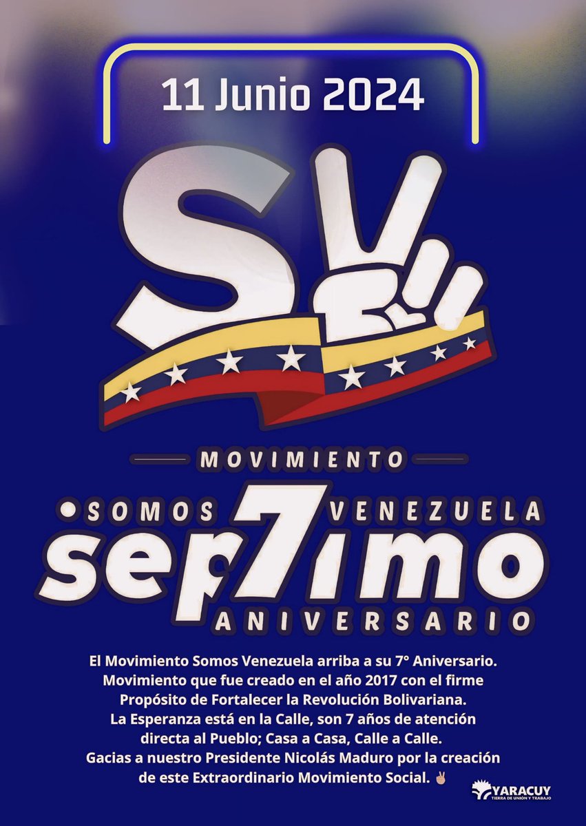#NicoLeEchaPichón
El Movimiento Somos Venezuela arriba a su 7° Aniversario.
La Esperanza está en la Calle, son 7 años de atención directa al Pueblo; Casa a Casa, Calle a Calle.
Gracias a nuestro Pdte. <a href="/NicolasMaduro/">Nicolás Maduro</a> por la creación de este Extraordinario Movimiento Social.✌🏻