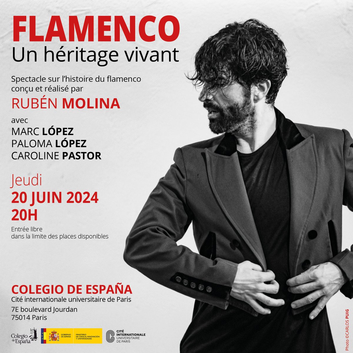 Jeudi 20 juin à 20h ne ratez pas : 
Flamenco. Un héritage vivant.
Un voyage à travers l’histoire et l’essence du flamenco. 

<a href="/ciup_fr/">Cité internationale universitaire de Paris</a>
<a href="/molinaofficiel/">Rubén Molina</a>
<a href="/ResidentsColEsp/">Comité de Residentes - Collège d’Espagne</a>

#flamenco #sortiraparis