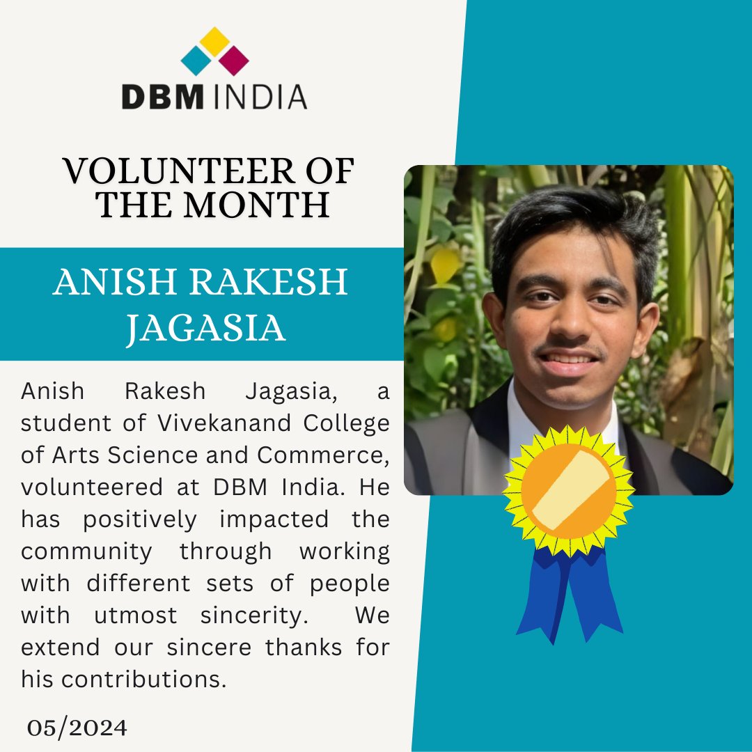 The volunteer for month of May 2024 is Anish Rakesh Jagasia. Anish, student of Vivekanand College, volunteered @ DBM India. He has been dedicated volunteer. We deeply appreciate his contributions.

#dbmindia #dbmteam #volunteer #volunteerofthemonth #supportingthecause #education