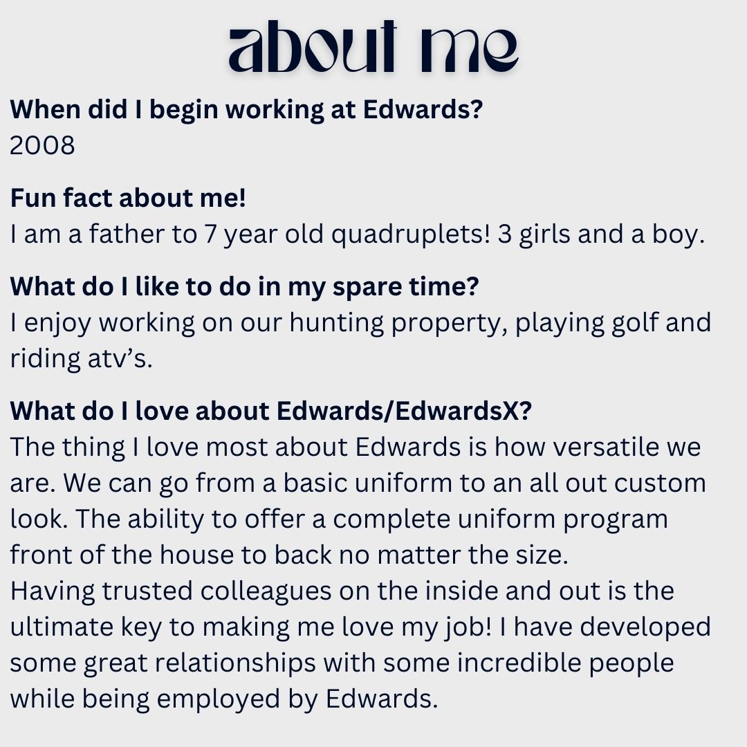EdwardsGarment's tweet photo. If you've never met someone with quadruplets before... now you have! Meet Randy Titus, our final Sales Team Tuesday Spotlight. Randy has been an Edwards rep since 2008 - WOW!! We appreciate your commitment to Edwards, Randy! https://t.co/h7PCtpFlht