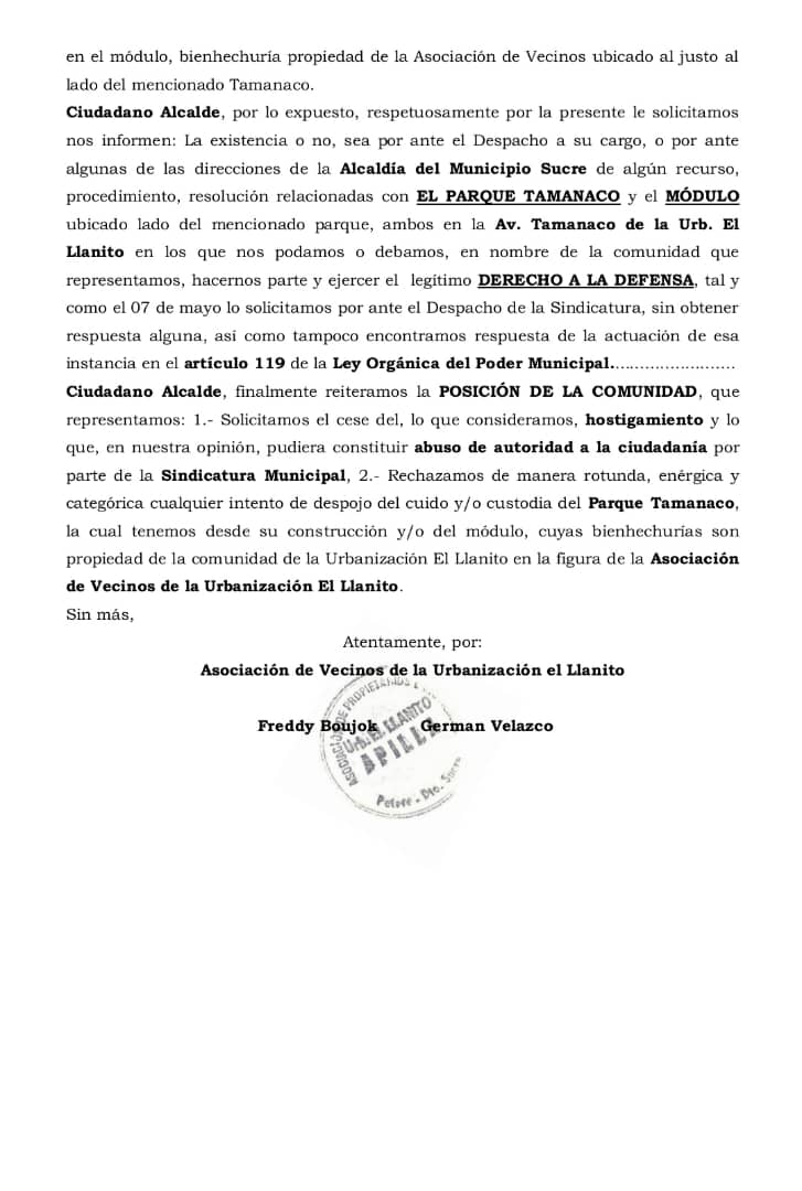 #DenunciaCiudadana 🚨Atención🚨 CARTA ABIERTA AL CIUDADANO ALCALDE <a href="/JoseVRangelA/">José Vicente Rangel A</a>, la comunidad de la Urb. El Llanito solicita información sobre la situación del Parque Tamanaco y del módulo ubicado al lado de dicho Parque. <a href="/GabrielaEsSucre/">Gabriela Chacon</a> <a href="/ComisionPerman3/">Leoncio Martínez</a> <a href="/lAlcaldiasucre/">AlcaldíaSucre</a> <a href="/QPEV_/">🟣Qué Pasa en Venezuela</a>