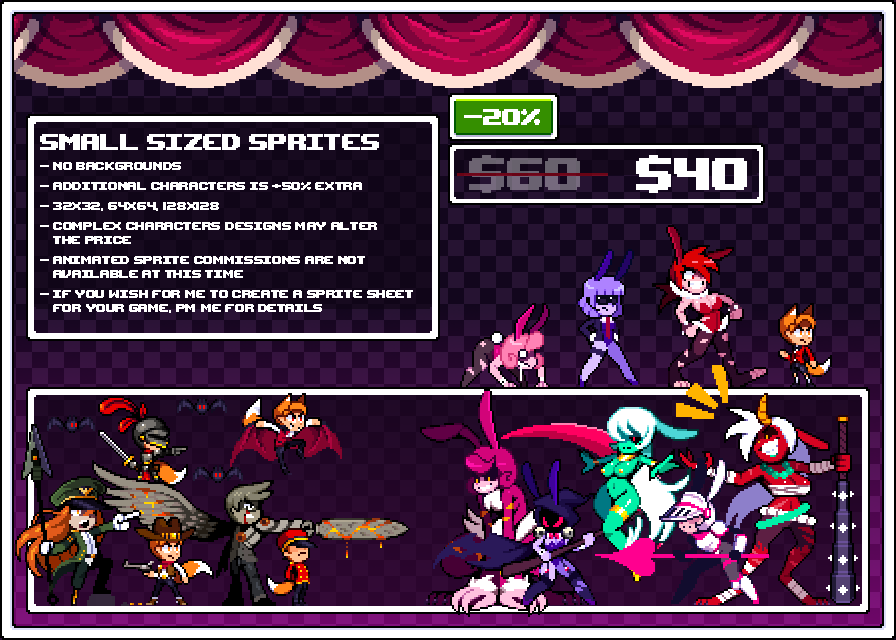 Step_Dev1's tweet image. Commissions are now officially open! I am going to start with 4 slots. Depending on how quickly I can get through them I will open up more later. If I may, can ya'll help spread the word? I would greatly appreciate that! ^^
#pixelart #ドット絵 #Commissions