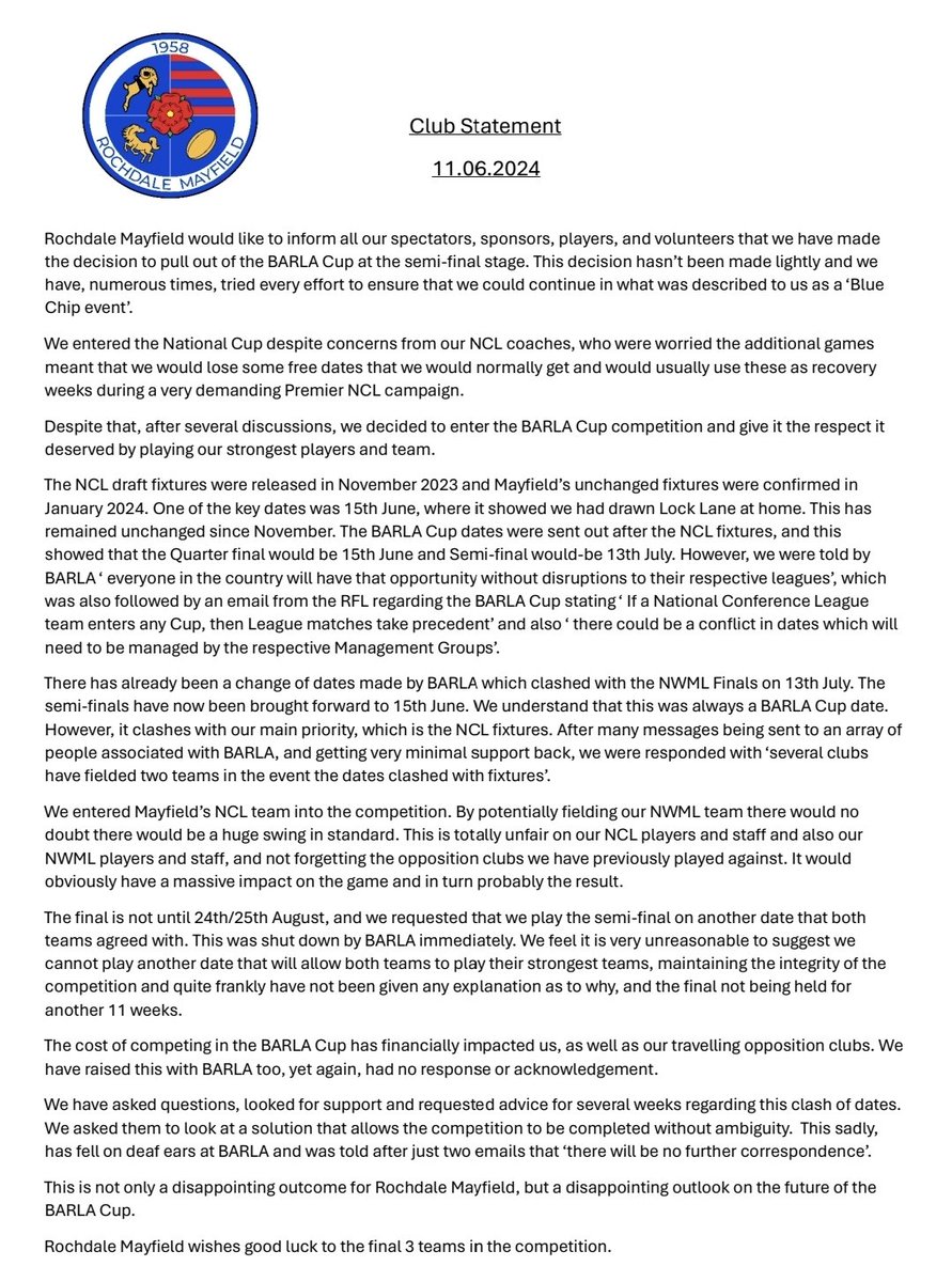 Club Statement RE: BARLA Cup