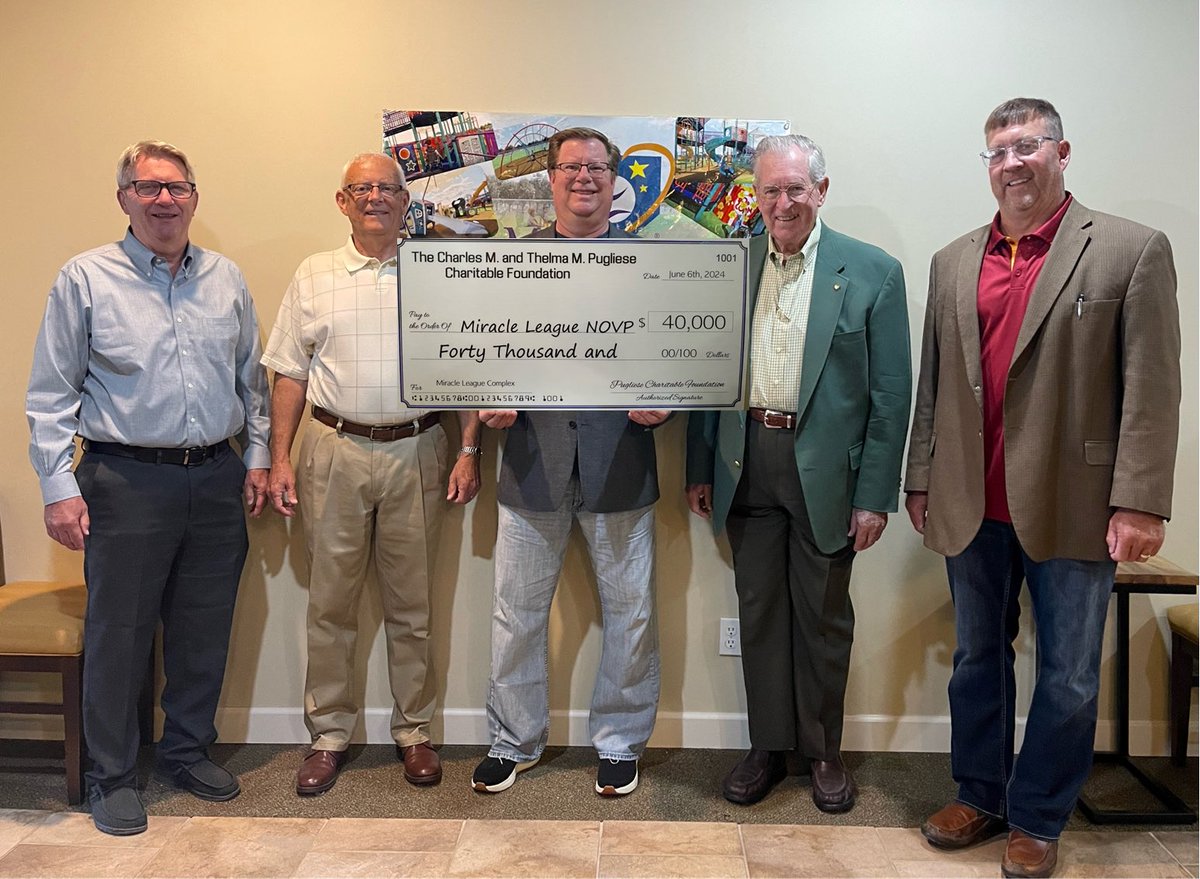 MiracleLeagueNP's tweet photo. We want to graciously thank the Board of Trustees from the Charles M. and Thelma M. Pugliese Charitable Foundation for their generous donation to the Miracle Recreation Project. This donation brings us closer to our mission to provide inclusive accessible recreation to all! https://t.co/vyOY38xVy4