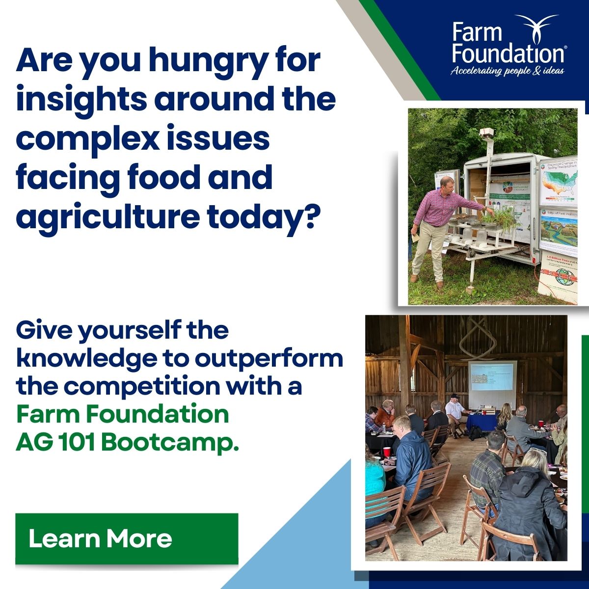 Sharpen your food and ag leadership edge. Farm Foundation's Ag 101 Bootcamps deliver deep industry insights and build powerful networks through a day and a half of on-farm experiences.

Learn more! farmfoundation.org/ag-101-bootcam…

#farmfoundation #leadership #agriculture #food