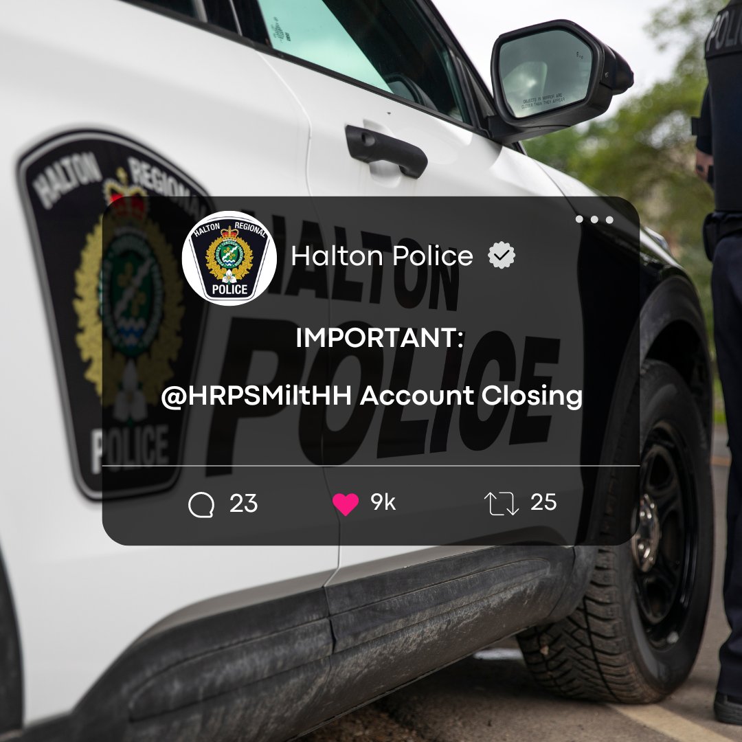HRPS Milt HHills (@hrpsmilthh) on Twitter photo Exciting changes are coming to our X accounts to give all Halton residents the info they want when they need it. As of July 2, content will no longer be posted to <a href="/HRPSMiltHH/">HRPS Milt HHills</a>. For our latest local and regional news, including important public safety alerts, follow <a href="/HaltonPolice/">Halton Police</a>. Exciting changes are coming to our X accounts to give all Halton residents the info they want when they need it. As of July 2, content will no longer be posted to <a href="/HRPSMiltHH/">HRPS Milt HHills</a>. For our latest local and regional news, including important public safety alerts, follow <a href="/HaltonPolice/">Halton Police</a>.